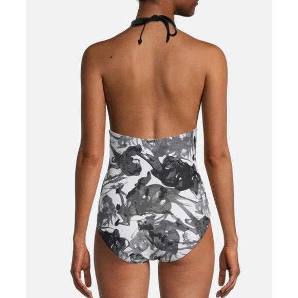 Calvin Klein Mesh-Inset Halter Neck One Piece Black Smoke Swimsuit 16 NWT - Picture 2 of 6